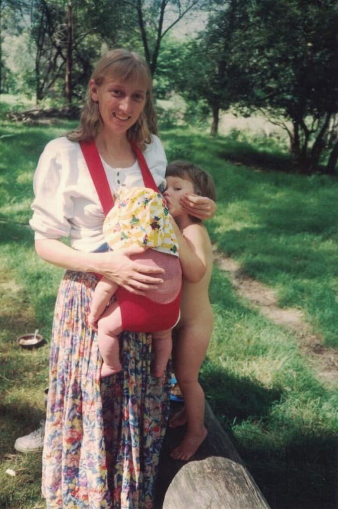 Australian breastfeeding medicine physician Pam Douglas, MD, PhD, IBCLC camping with tandem breastfeeding daughters circa 1993!