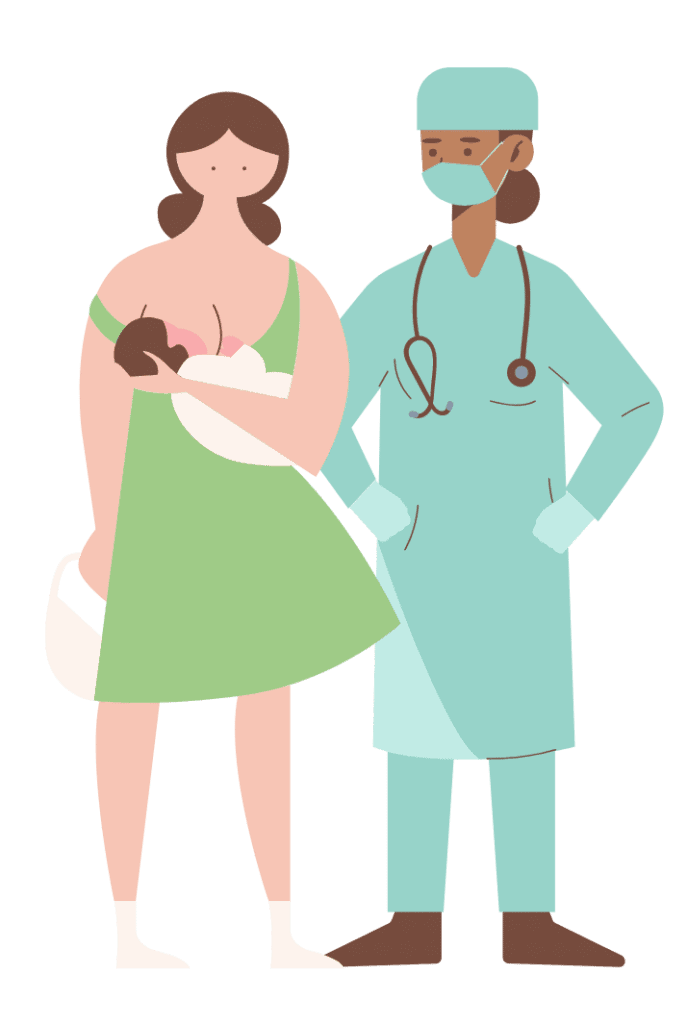 A surgeon consults a woman as she breastfeeds her baby