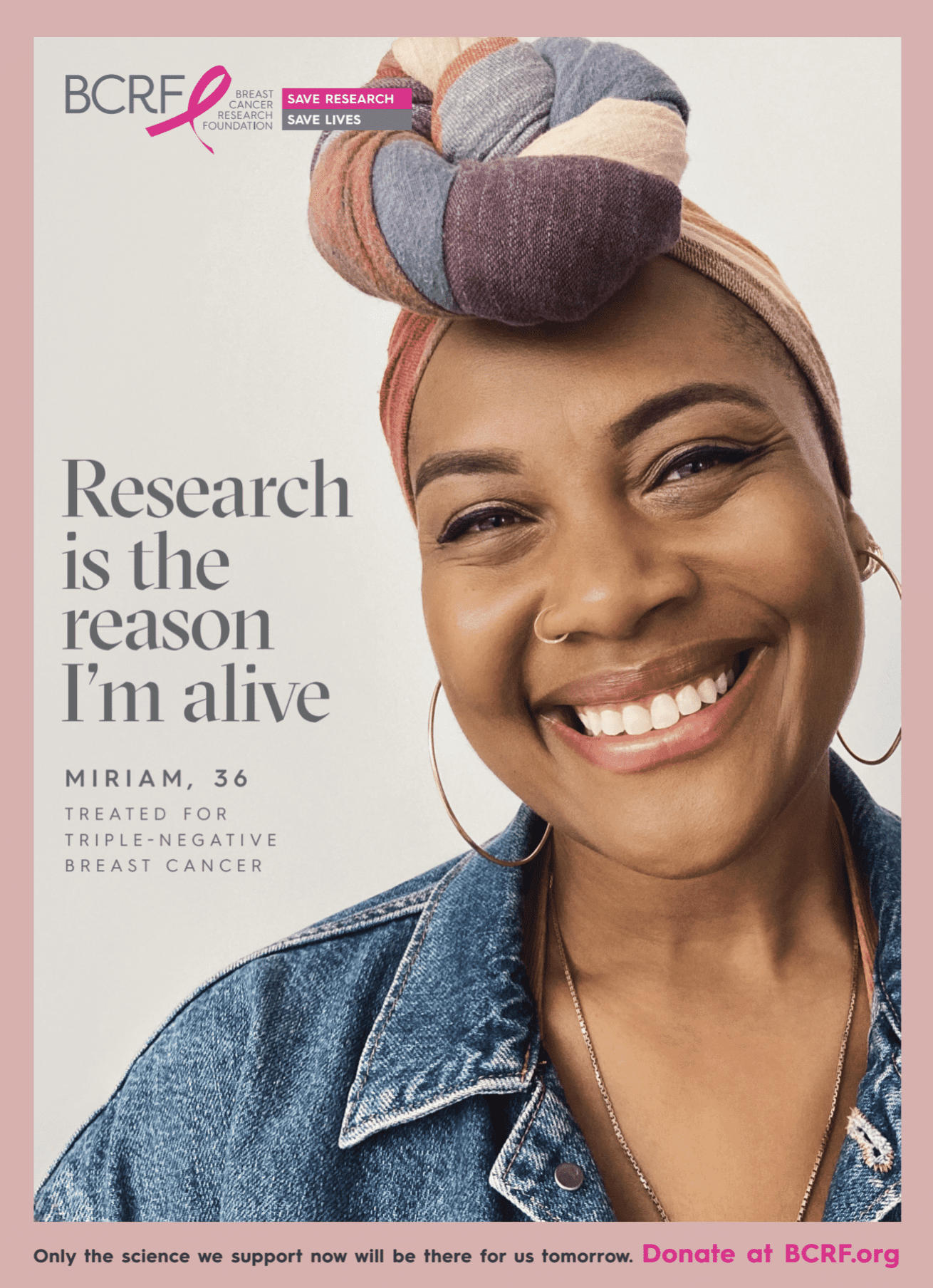 Picture of BCRF Magazine cover - woman smiling, headline says "research is the reason I'm alive" subtitled "Miriam, 36, treated for triple-negative breast cancer
